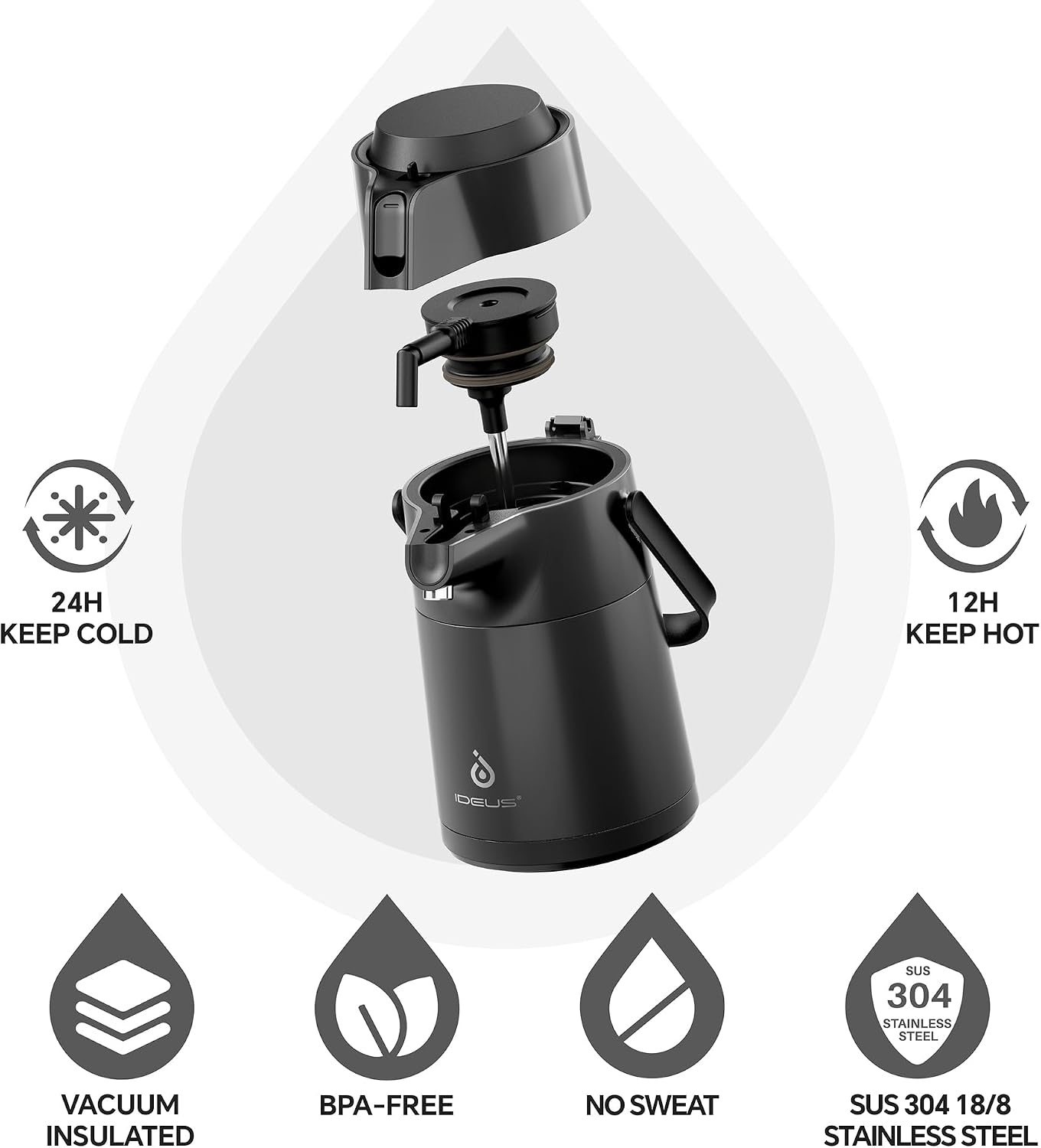 IDEUS Thermal Coffee Carafe 68oz, Airpot Beverage Dispenser Black | Stainless Steel Double Wall Vacuum Insulation Coffee Server, Coffee Carafe for Keeping Hot and Cold