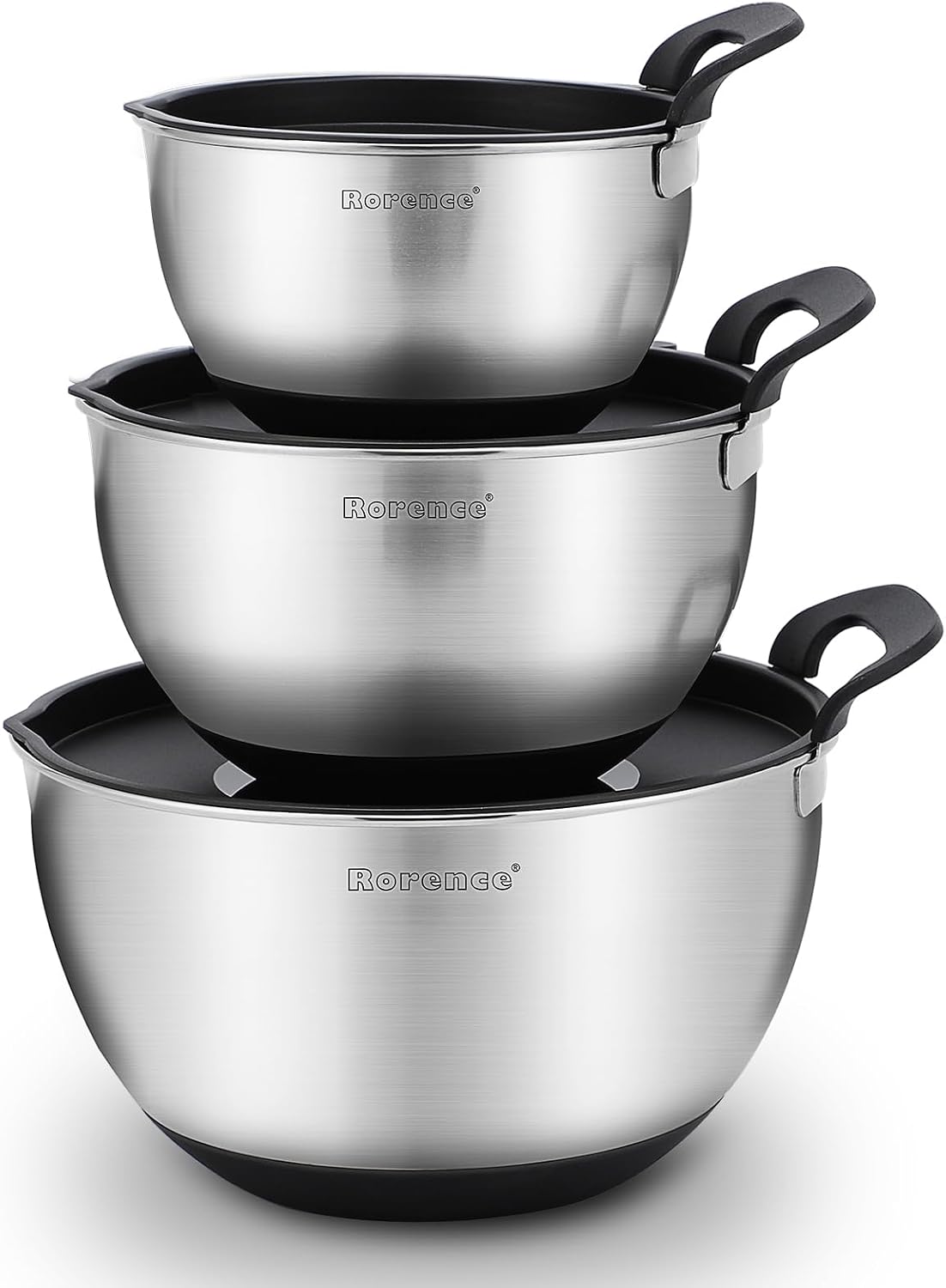 Stainless Steel Mixing Bowls: Stackable Mixing Bowl Set with Lids and Handles Non-slip Silicone Bottom Nesting Bowls for Kitchen Set of 3 - Black