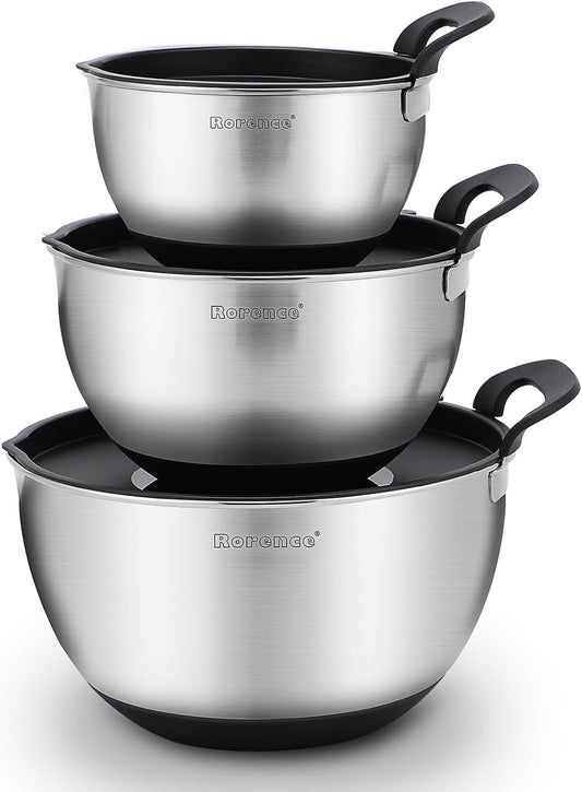 Stainless Steel Mixing Bowls: Stackable Mixing Bowl Set with Lids and Handles Non-slip Silicone Bottom Nesting Bowls for Kitchen Set of 3 - Black