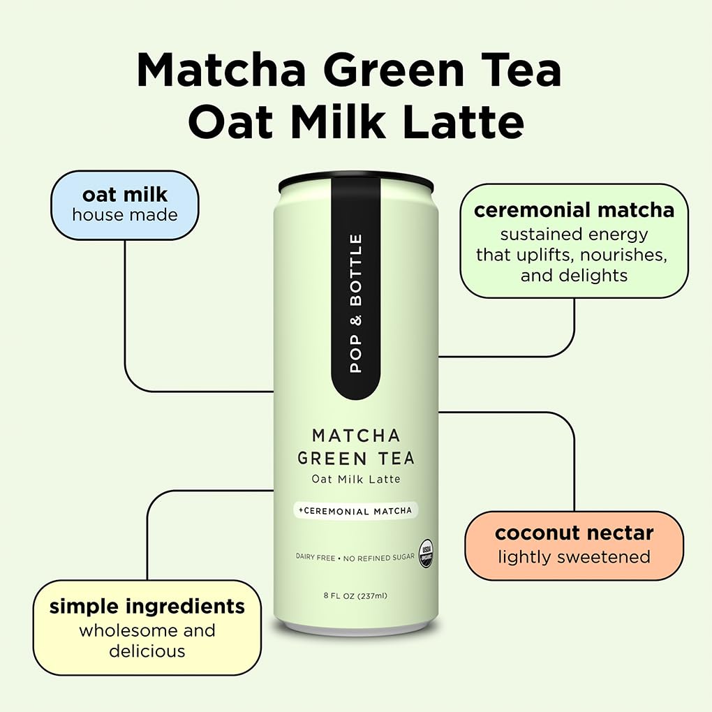 Pop &amp; Bottle - Oat Milk Lattes, Butterfly Pea &amp; Matcha, 8 Fl Oz (12 Pack) | with Pure Ceremonial Matcha, Turmeric, Green Tea, Organic, Dairy Free, Gluten Free, Lightly Sweetened