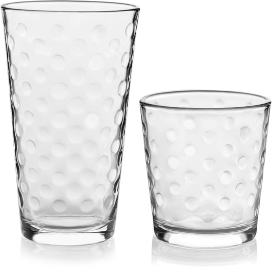 Libbey Awa Polka Dot Tumbler &amp; Rocks Drinking Glasses Set of 16, Glass Cups | 16 oz and 13 oz Capacity Vintage-Inspired Polka Dot Texture for Water, Juice, Cocktails &amp; More, Dishwasher Safe Cleanup