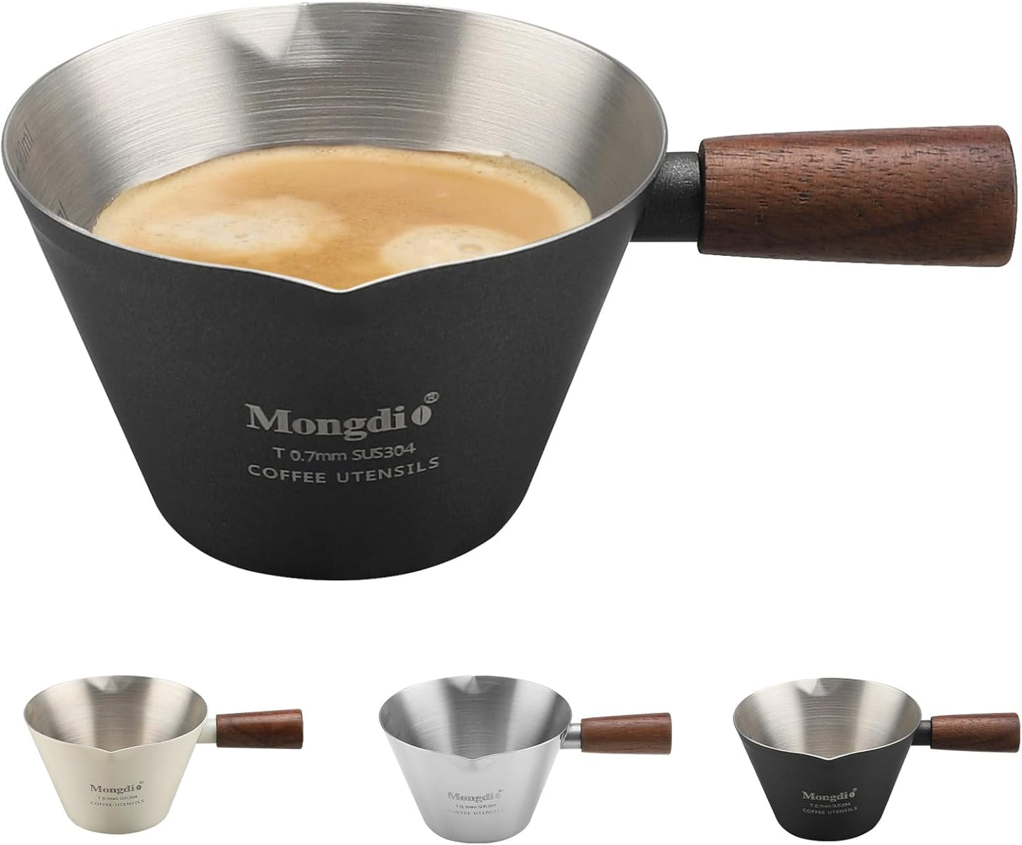Mongdio Espresso Measuring Cup, Stainless Steel Espresso Shot Cups with Wooden Handle and Double Spo