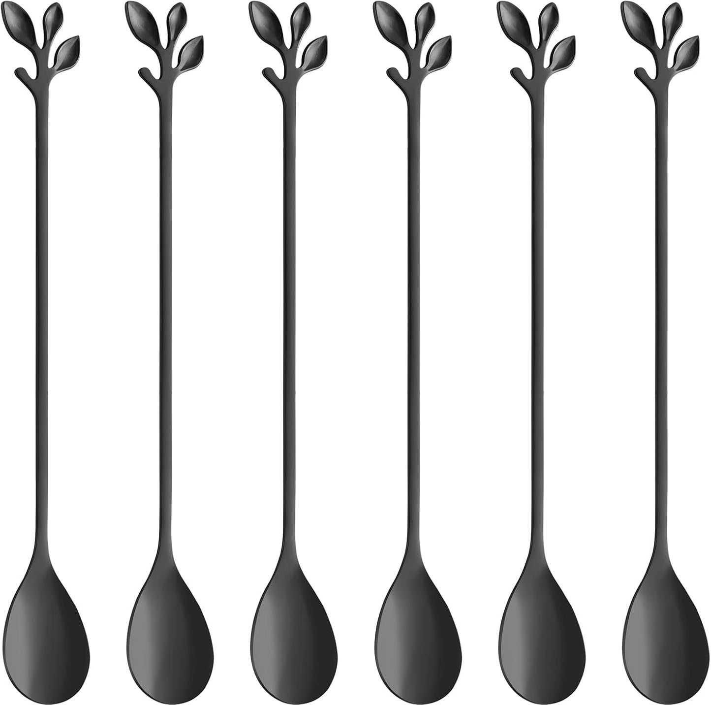 AnSaw 6-Piece Elegant Black Leaf Long Handle Teaspoons - 7.4" Stainless Steel Stir Spoons for Coffee