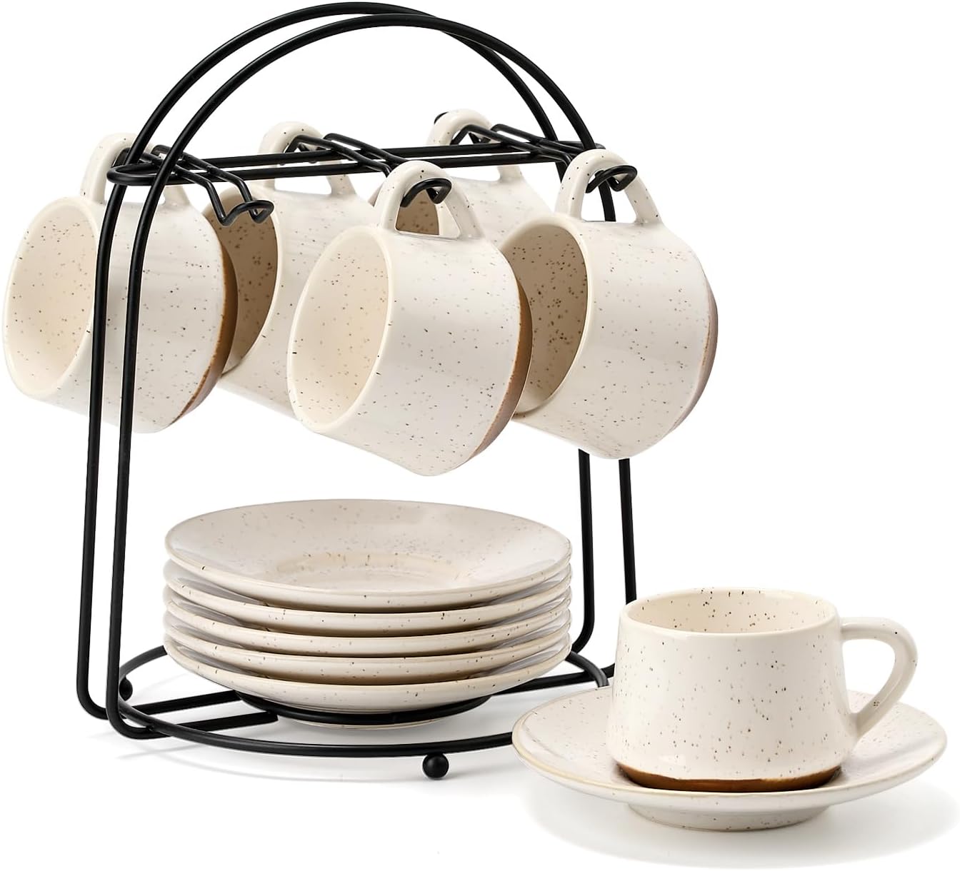 Stackable Cappuccino Cup Set of 6 [4oz]Activated-Glazed Ceramic Coffee Cup | Ceramic Coffee Cups with Saucers and Cup Holder,Microwave/Dishwasher Safe,Espresso Demitasse Cups(White)