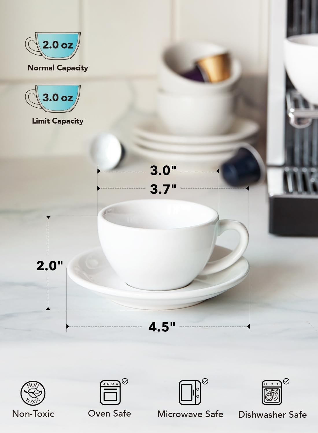 LE TAUCI 3 oz Espresso Cups with Saucers, Set of 4 Ceramic Demitasse Cup and Saucer Set for Double Espresso Shot, Lungo, Ristretto, Embossed Coffee Cups, White