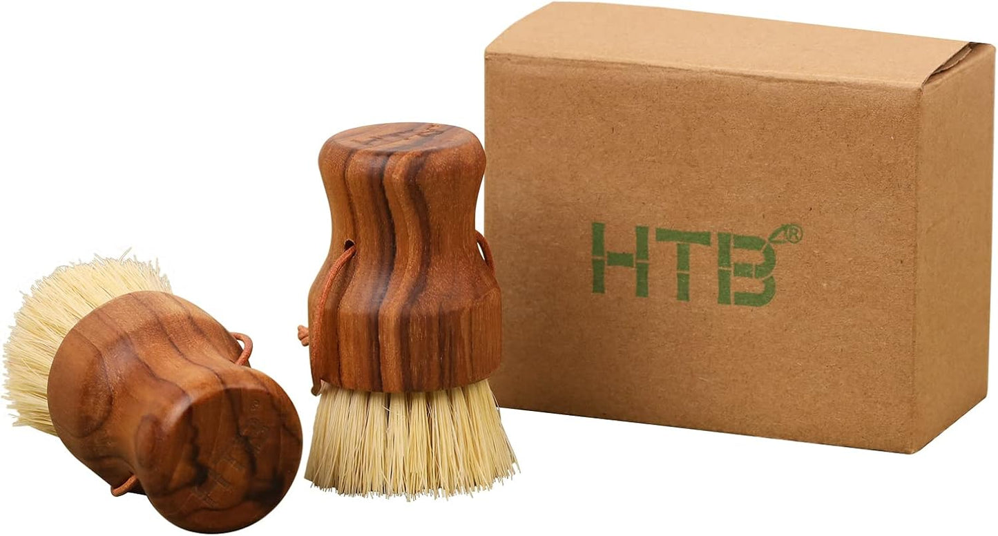 Teak Dish Scrub Brush 2PCS by HTB, Good Grip Small Wooden Dish Brush with Teak Handle & Sisal Bristl