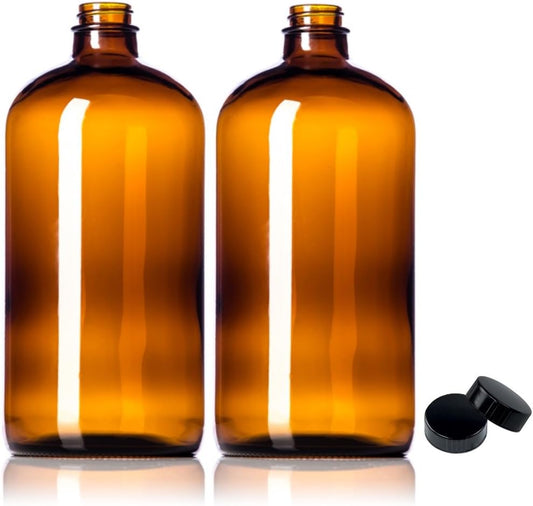 Sally's Organics 32oz Amber Glass Bottles - 2 Pack with USA-Made Tight Seal Lids - Quart-Sized Brown Glass Growlers for