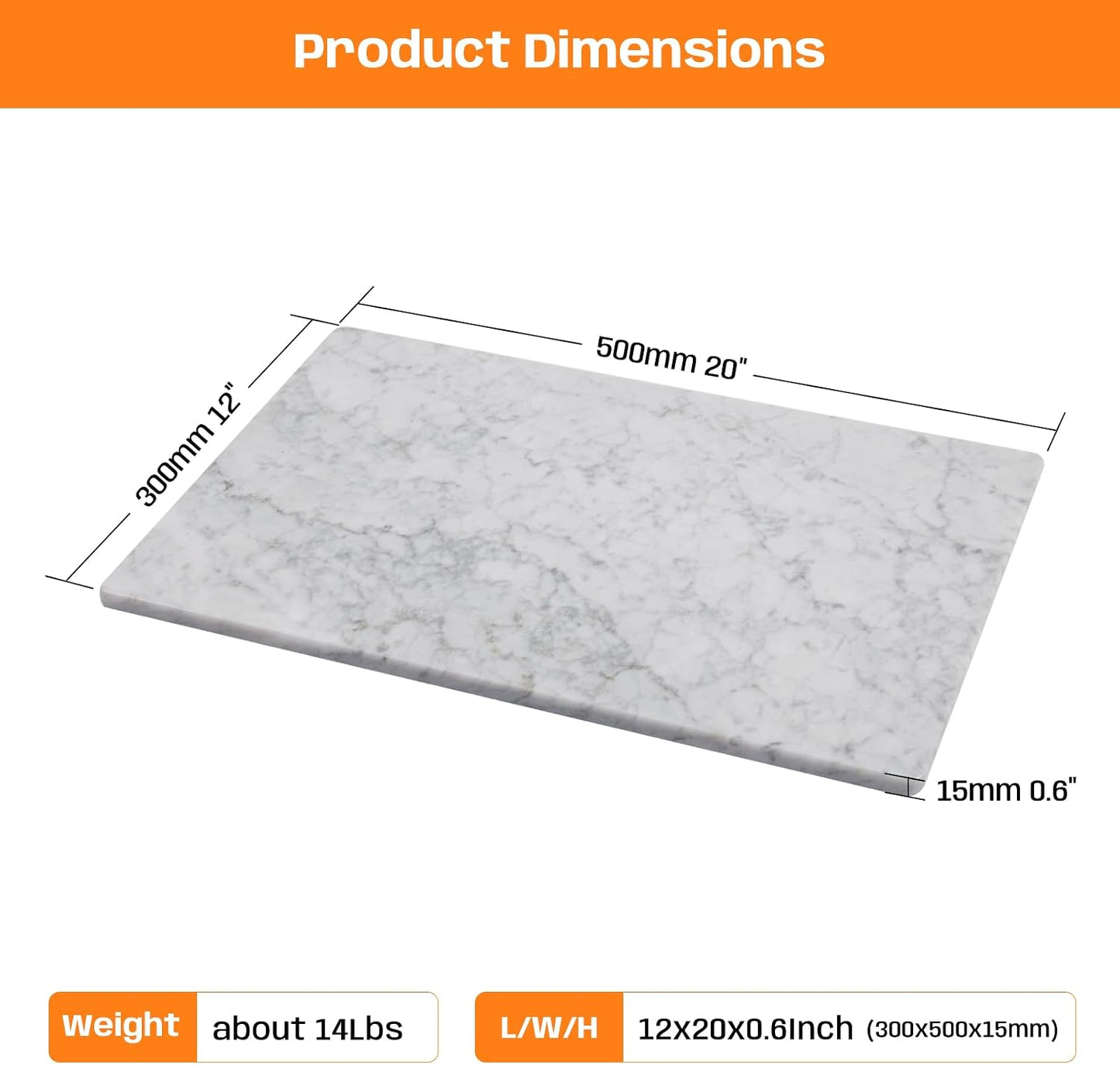 Carrara White Marble Cutting Board, 12×20 Inch Marble Pastry Board | ﻿Natural Marble Slab, Non-slip Feet, Stay Cool for Dough/Butter, Ideal for Pastry, Cheese, Charcuterie, Pizza, Bread