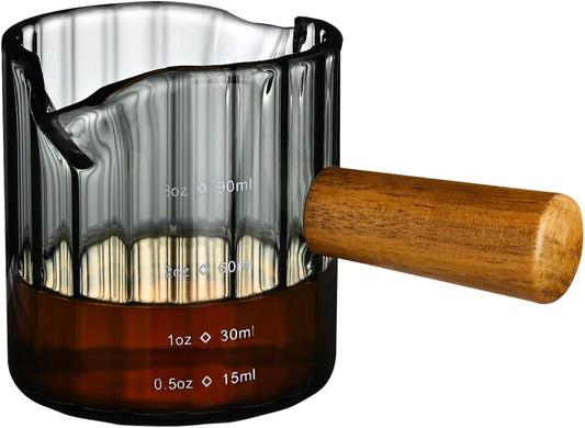 Glass Measuring Cup, 3oz Espresso Shot Glass with Wood Handle, Double Spouts Measuring Cups Pitcher Milk Cup Coffee Shot
