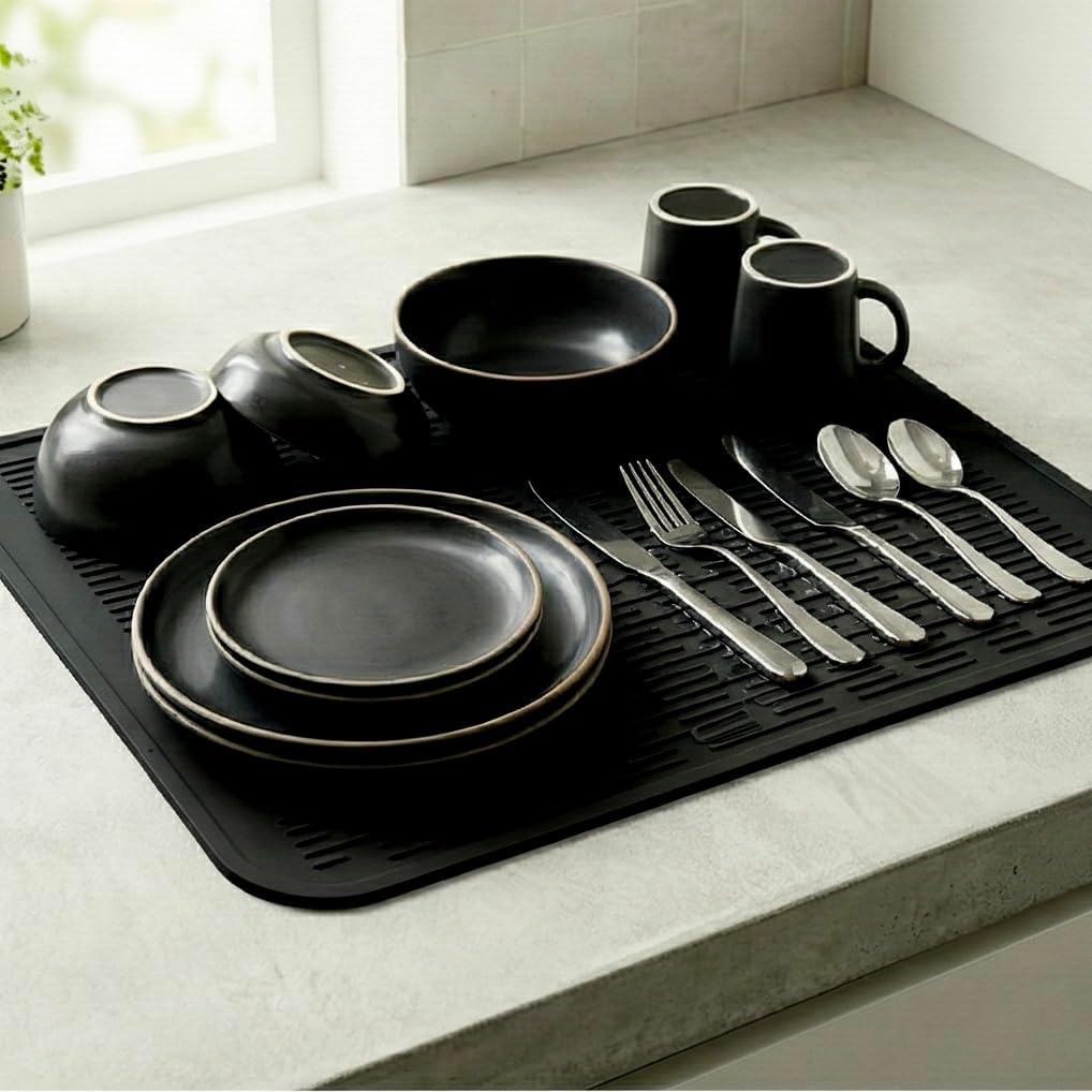 MicoYang Silicone Dish Drying Mat for Multiple Usage,Easy clean,Eco-friendly,Heat-resistant Silicone Mat for Kitchen Counter or Sink,Refrigerator or Drawer Liner Black XL 18 inches x 16 inches