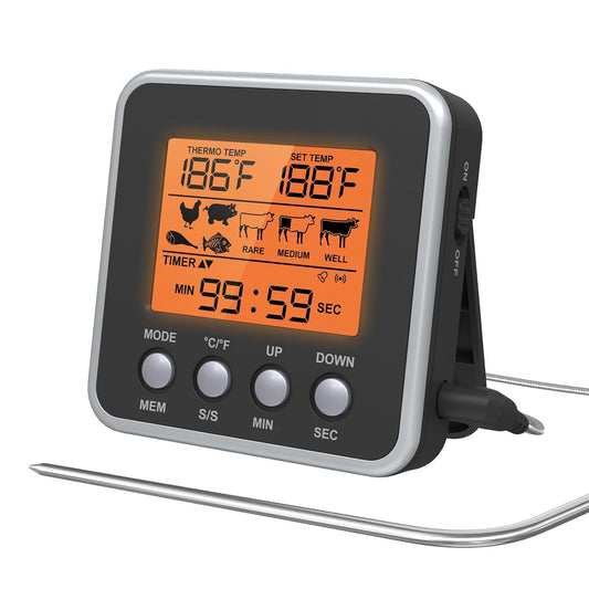 Digital Meat Thermometer for Oven, Food Thermometer with Large LCD, Backlight, Kitchen Timer, Temperature/Time Alarm for