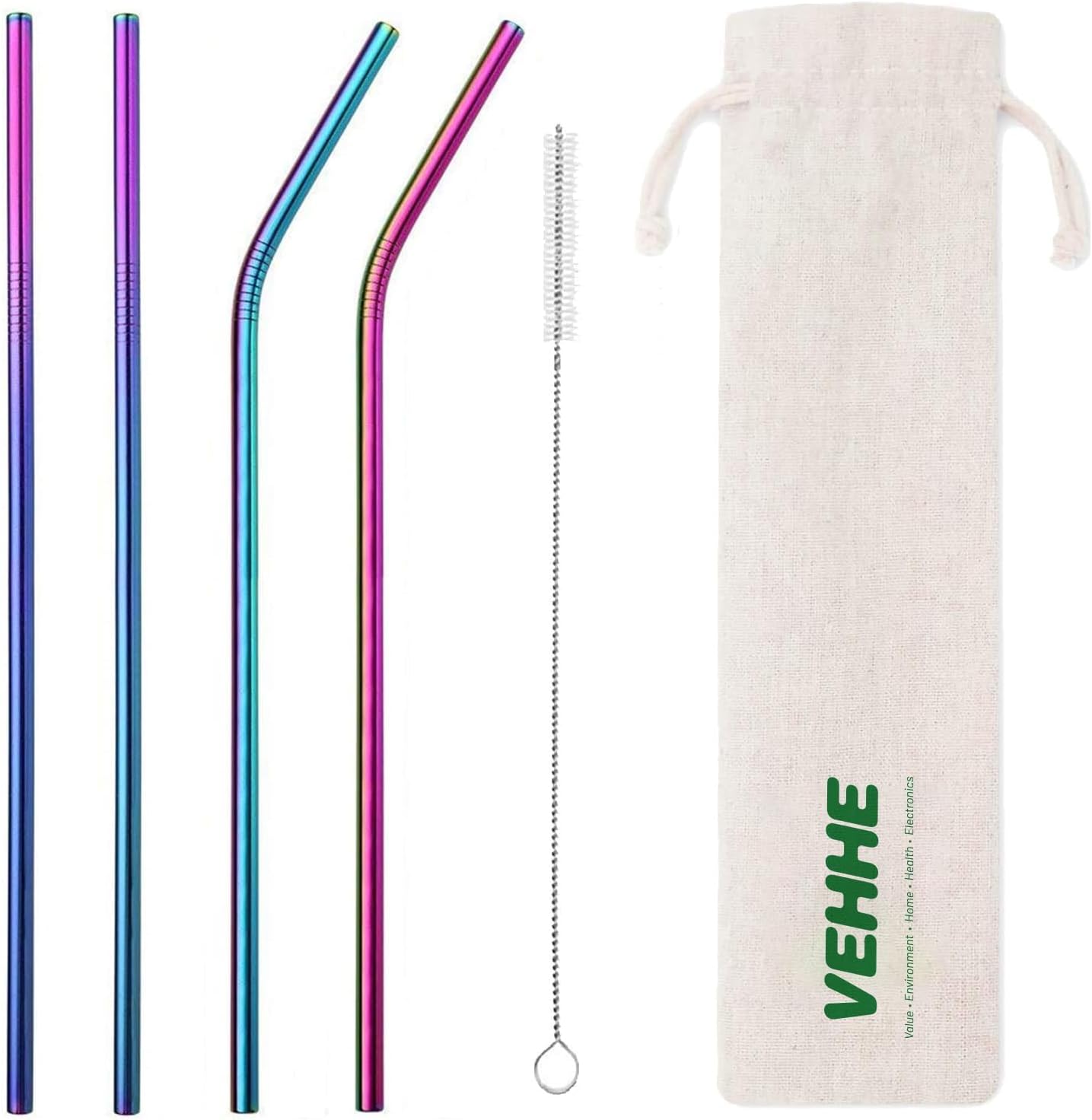 VEHHE Rainbow Metal Straws, Stainless Steel Reusable Straws Set with Brush | 4 Pack 10.5" Extra Long Design Fits Tall Tumblers | 304 Stainless Steel Build | (2 Straight | 2 Bent | 1 Brush)