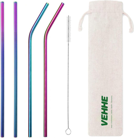 VEHHE Rainbow Metal Straws, Stainless Steel Reusable Straws Set with Brush | 4 Pack 10.5" Extra Long Design Fits Tall Tumblers | 304 Stainless Steel Build | (2 Straight | 2 Bent | 1 Brush)