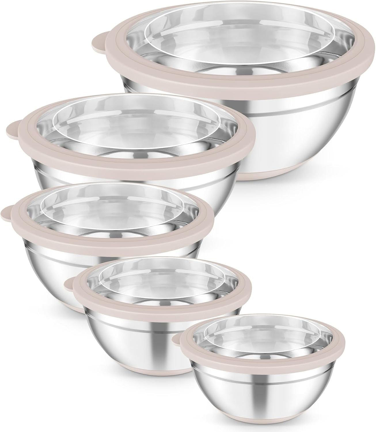 TeamFar Mixing Bowls, Salad Bowls with Transparent Airtight Lids, Khaki | 5PCS Stainless Steel Serving Bowls For Kitchen Mixing/Baking/Storing/Prepping, Non-Slip Bottom - 4.6/3.5/1.5/1 / 0.7 QT