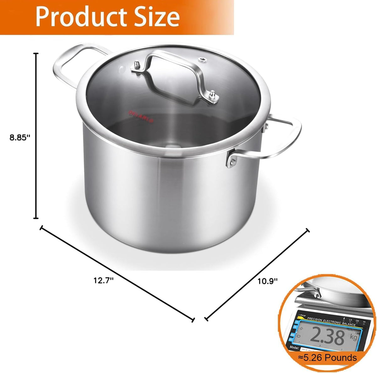 DELARLO Tri-Ply Stainless Steel 8 Quart Stock Pot, All Stove Compatible Up to 600℉ Soup Pot with Lid, 18/10 Induction Big Stockpot with Lids, Large Stainless Steel Induction for Cooking