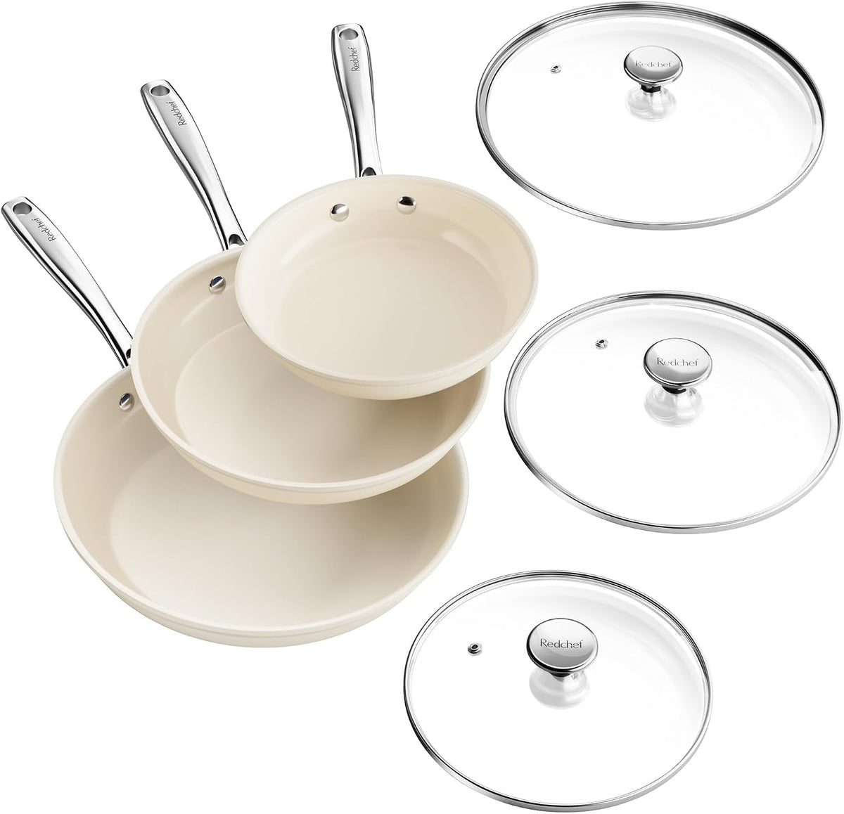 Redchef Nonstick Cookware Sets, Frying Pan Set with Tempered Glass Lids, Ceramic Cookware Set, Stay-Cool Handles, Dishwasher & Oven Safe, Compatible with All Cooktops, Beige (8+9.5+11 Inch)