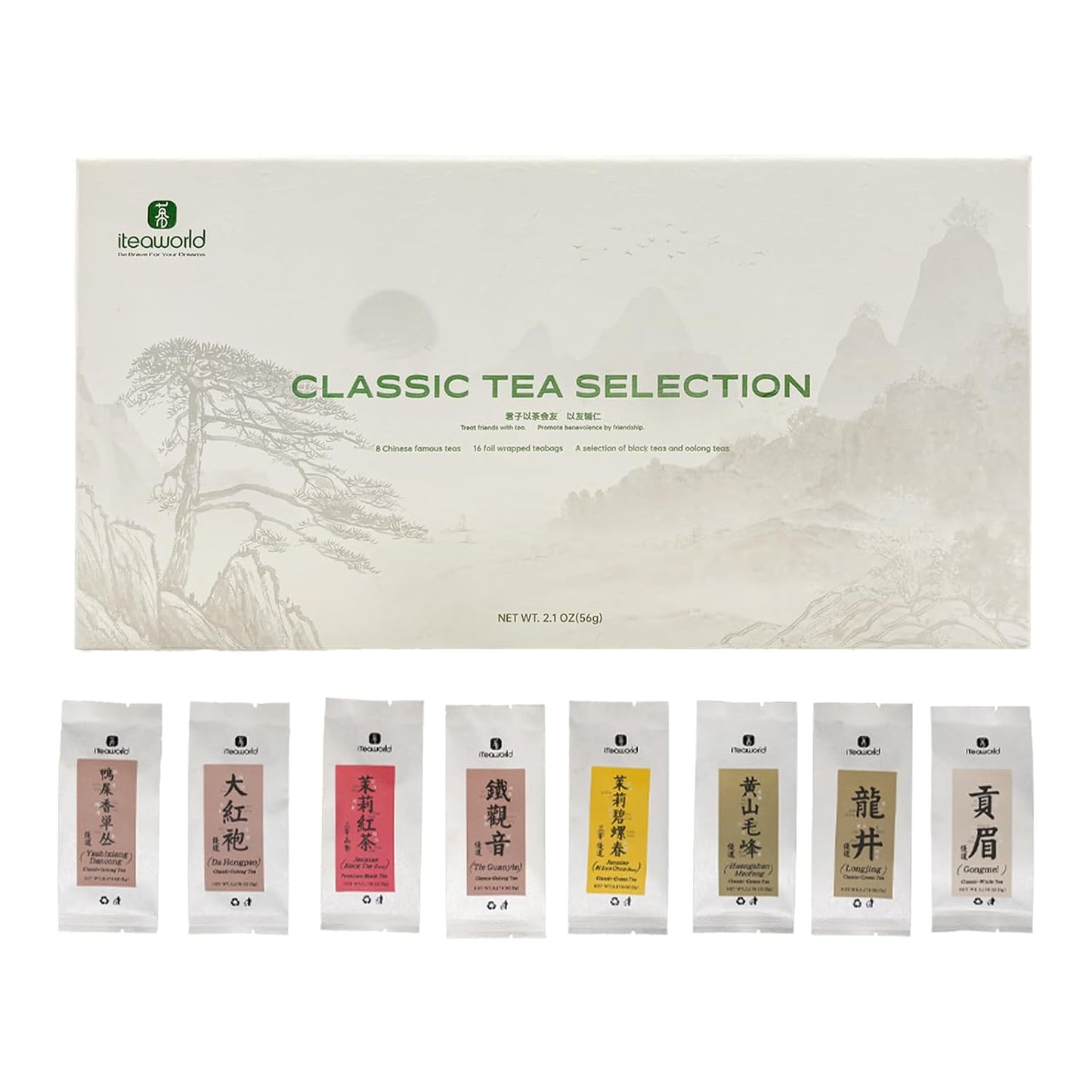 iTeaworld Loose Leaf Chinese Tea Sampler, 8 Flavors (Oolong Tea, Jasmine Flower Tea, Green Tea and White Tea), Each Flavor Comes With 2 Packs Of Loose Leaf Tea Sampler, With Mediumly Caffeinated, Sugar Free for Health, 2.1oz | Up to 200 Cups|Longjing,Jasm