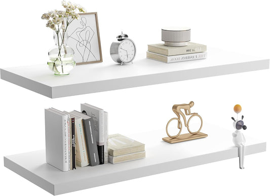 Wall Shelf Set of 2, White Floating Shelves 24 in W x 10 in D x 1 in H, Wooden Floating Wall Shelf with Invisible Brackets