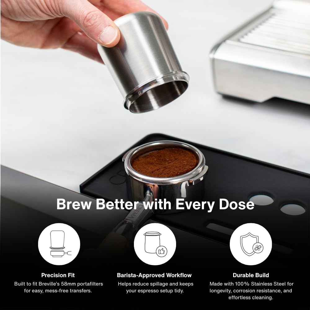 Crema Coffee Products 58mm Dosing Cup | Compatible with Breville Portafilters etc | Durable 100% Stainless Steel | Built-In Grinder Tab for Easy Transfer | Sleek, Mess-Free Design | Black Finish