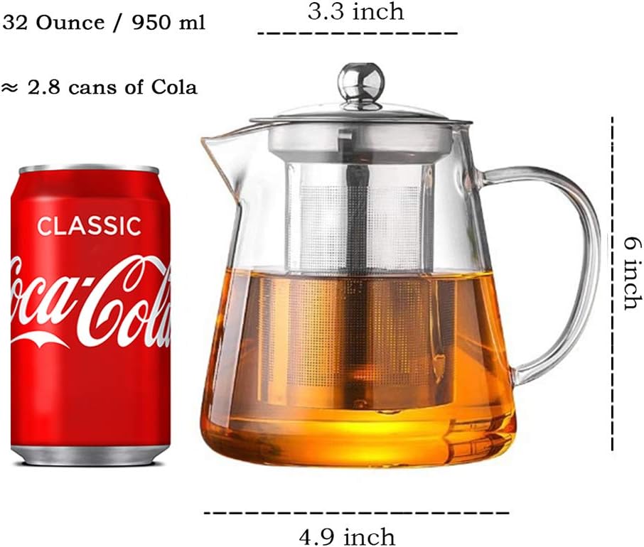 TMOST Glass Teapot with Infuser Tea Pot 950ml/32oz Tea Kettle Stovetop Safe Blooming and Loose Leaf Tea Maker Set (32oz/ 950ml)