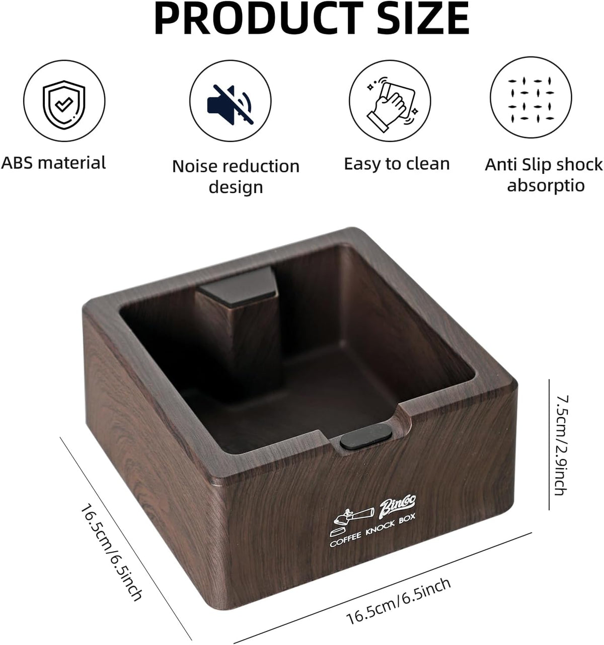Bincoo Square Espresso knock Box 16cm /6.3 Inch Barista Style Coffee Knock Box for Grounds with Anti-Slip Base, Multi-functional Sturdy Espresso Dump Bin for Home/Office. (Brown)