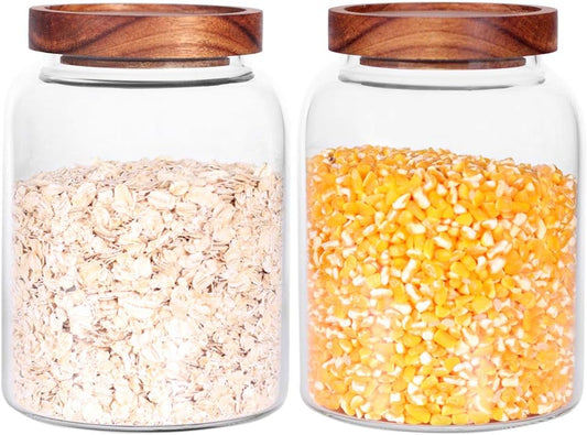 Glass Storage Jars with Airtight Lids, Set of 2 42 FL OZ (1250ml) coffee container with Wooden Lid, Glass Pantry Canister