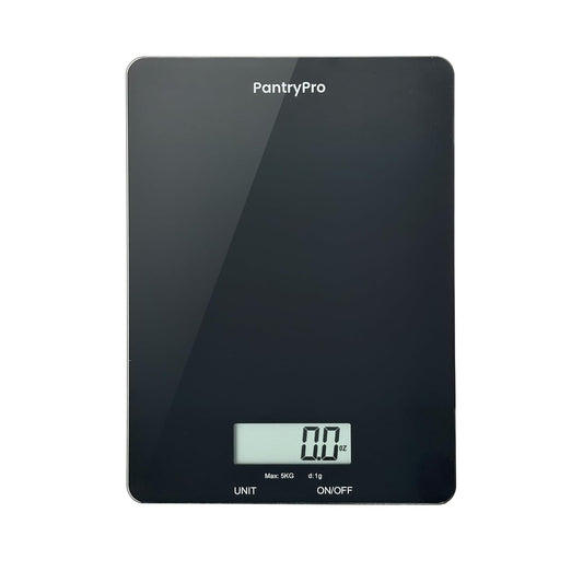 PantryPro Glass Platform Digital Kitchen Scale - 11lbs / 5kg Capacity - LCD Display g kg oz lb fl.oz ml - CR2032 Battery