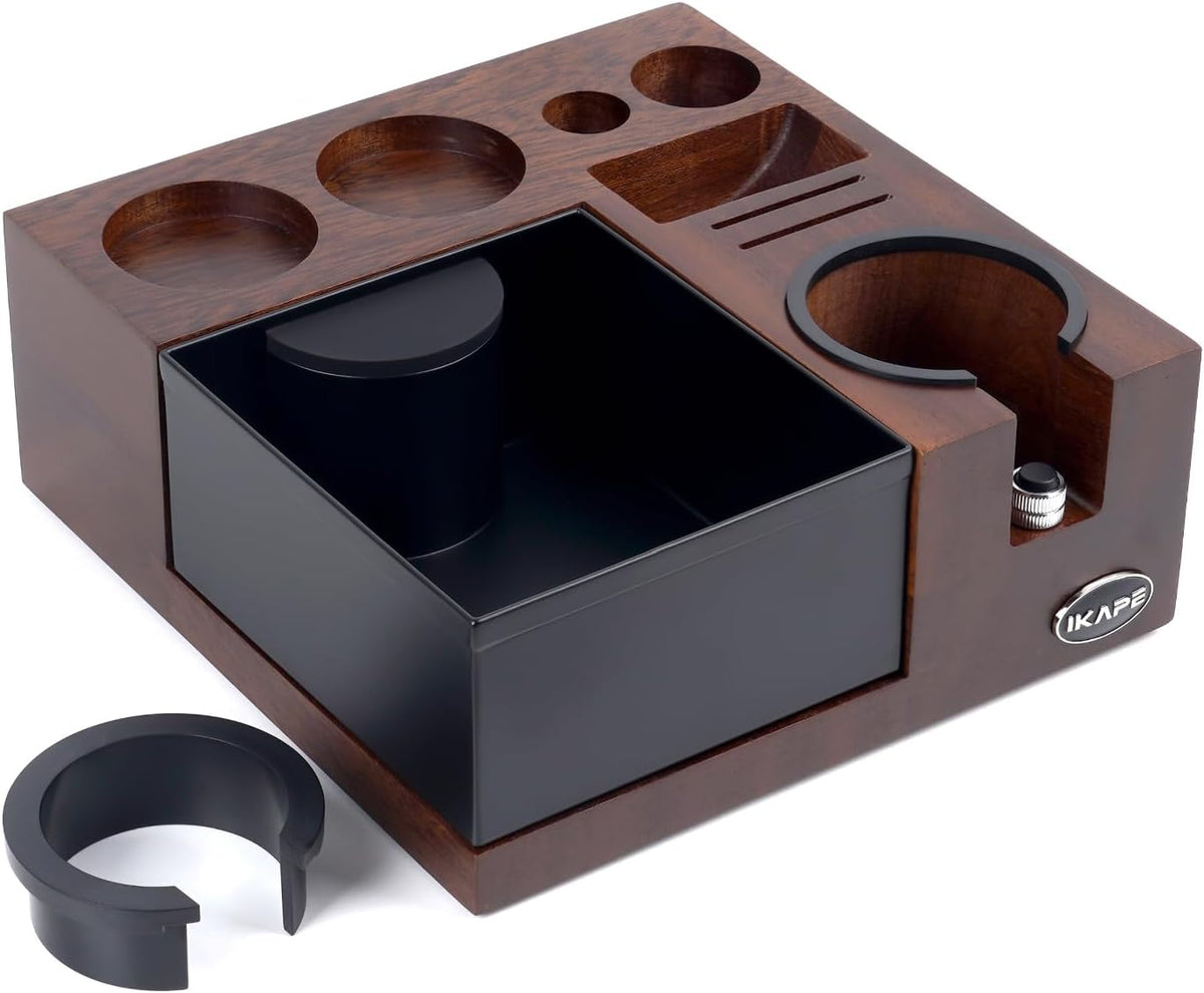 IKAPE V5 Espresso Knock Box, Espresso Coffee Organizer Box Fit for Storage 51, 54, 58MM Espresso Tamper, Distributor, Portafilter &amp; Puck Screen Accessories, Natural Walnut Station Base(9 IN One)