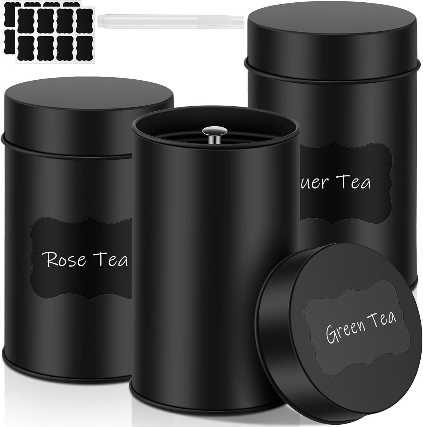 Tanlade 3 Pcs Tea Tin Canister Metal Round Can with Airtight Lid Double Sealed Tea Tin Canisters, wi