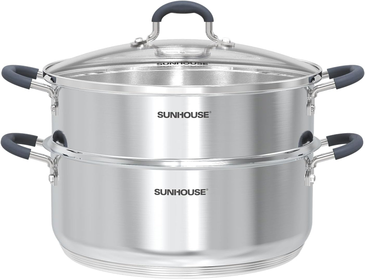 Sunhouse - 5.5 Quarts Steamer Pots With Lid 2-Tier Multipurpose Stainless Steel Steaming Pot Cookware For Vegetable, Dumpling, Sauce, Food - Triple Bottom, Measurement Line