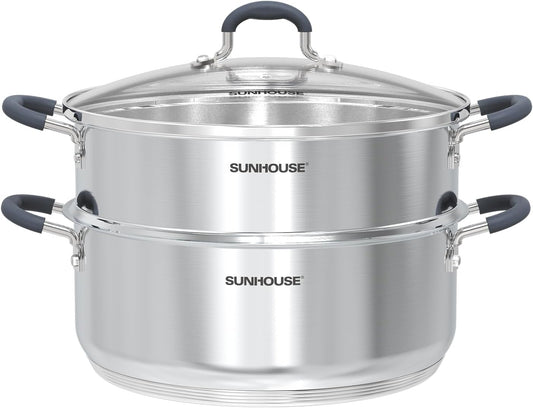 Sunhouse - 5.5 Quarts Steamer Pots With Lid 2-Tier Multipurpose Stainless Steel Steaming Pot Cookware For Vegetable, Dumpling, Sauce, Food - Triple Bottom, Measurement Line