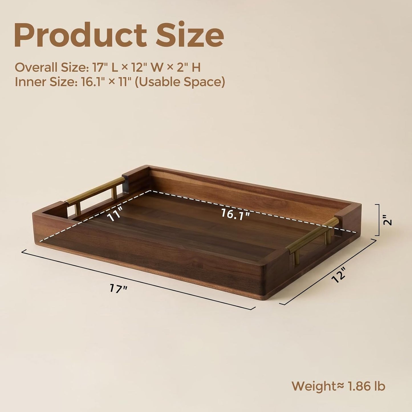 Acacia Wood Serving Tray with Golden Handles, 17" Wooden Tray for Ottoman | Large Wooden Tray for Ottoman, Coffee Table, Breakfast in Bed, Bar, Rectangular Decorative Tray for Modern Farmhouse Decor