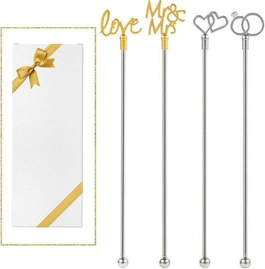 4Pcs Cocktail Stirrers Swizzle Sticks Stainless Steel 7.3" Coffee Stir Sticks with Gold Mr & Mrs,LOVE Shape, for Mixing
