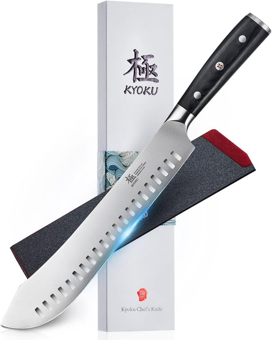 KYOKU 10" Bullnose Butcher Knife, Samurai Series Butcher Knife for Meat Cutting Chopping with Pakkawood Handle, Japanese