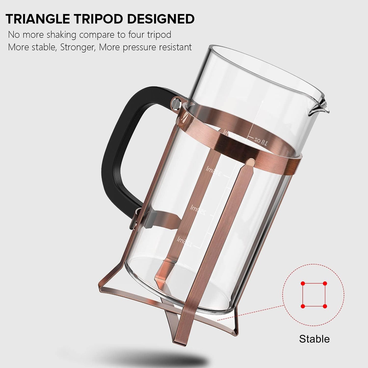 QUQIYSO French Press Coffee Maker, Borosilicate Glass Coffee Press | Thickened Glass Stainless Steel Coffee French Press,Easy to Clean,4 Filter Suitable for Kitche Camping Gifts (21oz, Copper)