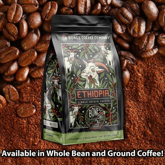 Bones Coffee Company Ethiopia Single-Origin, Citrus, Floral and Berries Notes, Ground Coffee Beans, Low Acid Light Roast Arabica Beans Flavored Coffee, 12 oz Ground