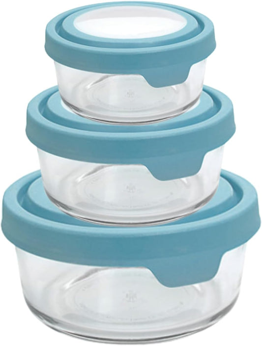 Anchor Hocking TrueSeal Round Glass Food Storage Containers with Airtight Lids, Mineral Blue, 6 Piece Set (3 Containers with