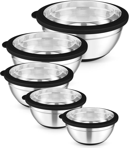 TeamFar Mixing Bowls, 5PCS Stainless Steel Serving Salad Bowls with Lids, For Kitchen Mixing/Baking/Storing/Prepping,