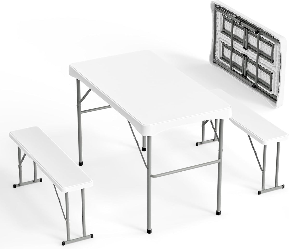 VINGLI Picnic Table Set with 2 Benches, 6 Feet Camping Table Chair Set, Heavy-Duty HDPE Material with Metal Frame, 3-Piece Folding Furniture for Indoor or Outdoor Use (3.5ft White)
