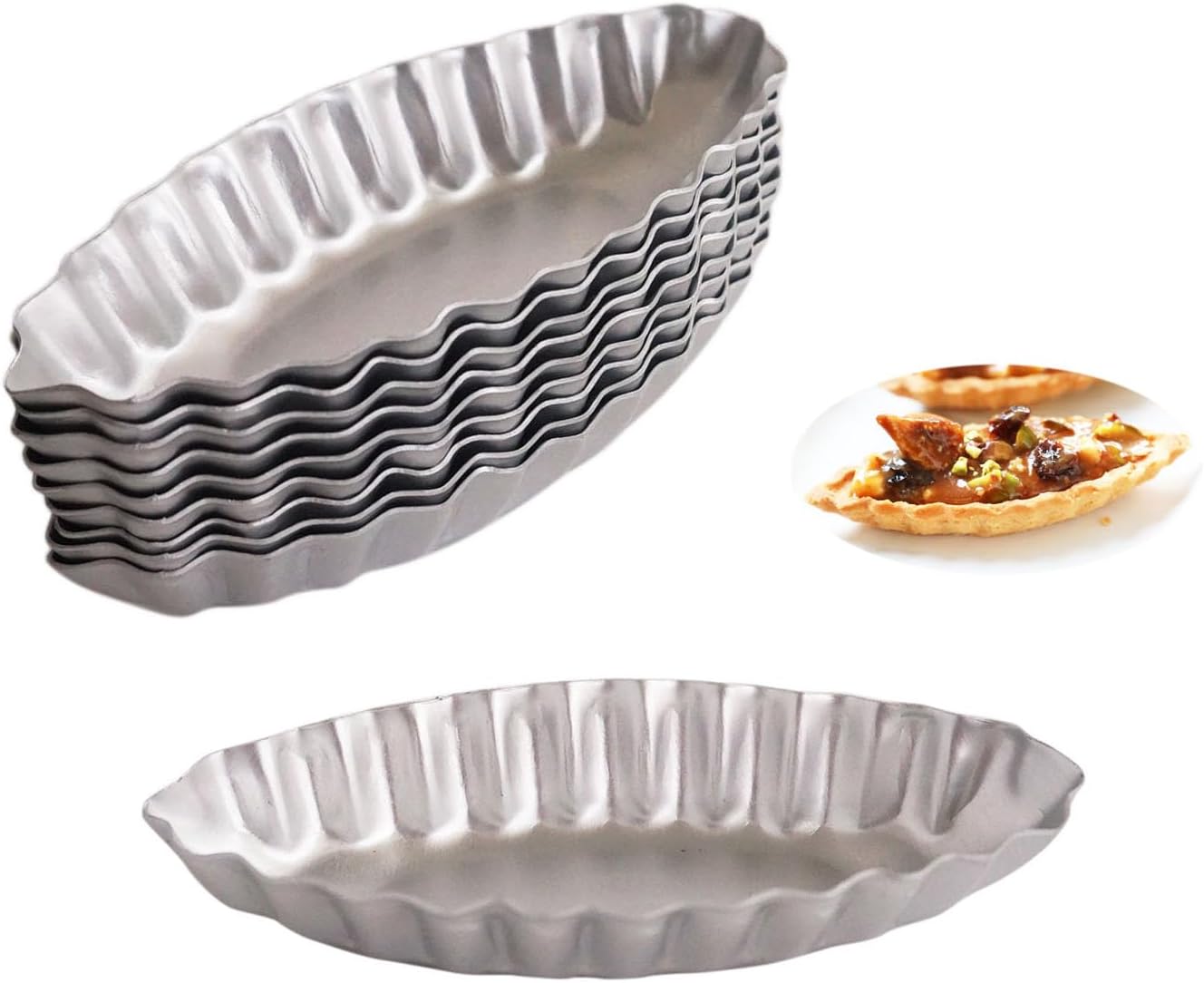 Tiny Aluminum Boat Tart Pan Fluted Oval Baking Mold, Wavy Tartlet | 10-Pack Flower Edge Tart Tins Bite Size Tray for Small Desserts, Quiches, Pudding (3.86 x 1.77 x 0.59 Inch)
