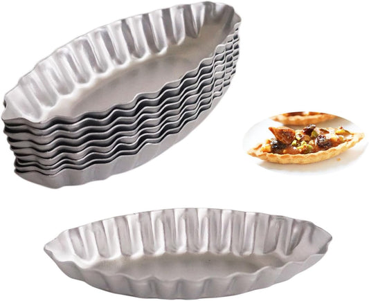 Tiny Aluminum Boat Tart Pan Fluted Oval Baking Mold, Wavy Tartlet | 10-Pack Flower Edge Tart Tins Bite Size Tray for Small Desserts, Quiches, Pudding (3.86 x 1.77 x 0.59 Inch)