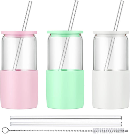 Sunseeke Glass Tumbler with Straw and Lid, 16oz Ice Coffee Cup, Silicone Sleeve Cleaning Brushes, Drinking Glasses for
