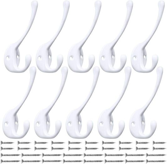 10 Pack Heavy Duty Dual Coat Hooks Wall Mounted with 20 Screws Retro Double Hooks Utility Black Hooks for Coat, Scarf, Bag,