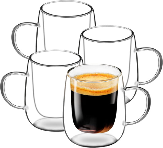 Glass Coffee Cups Set of 4, 13oz Double Walled Glass Mugs with Handles, Clear Insulated Coffee Mug Espresso Cups, Cappuccino