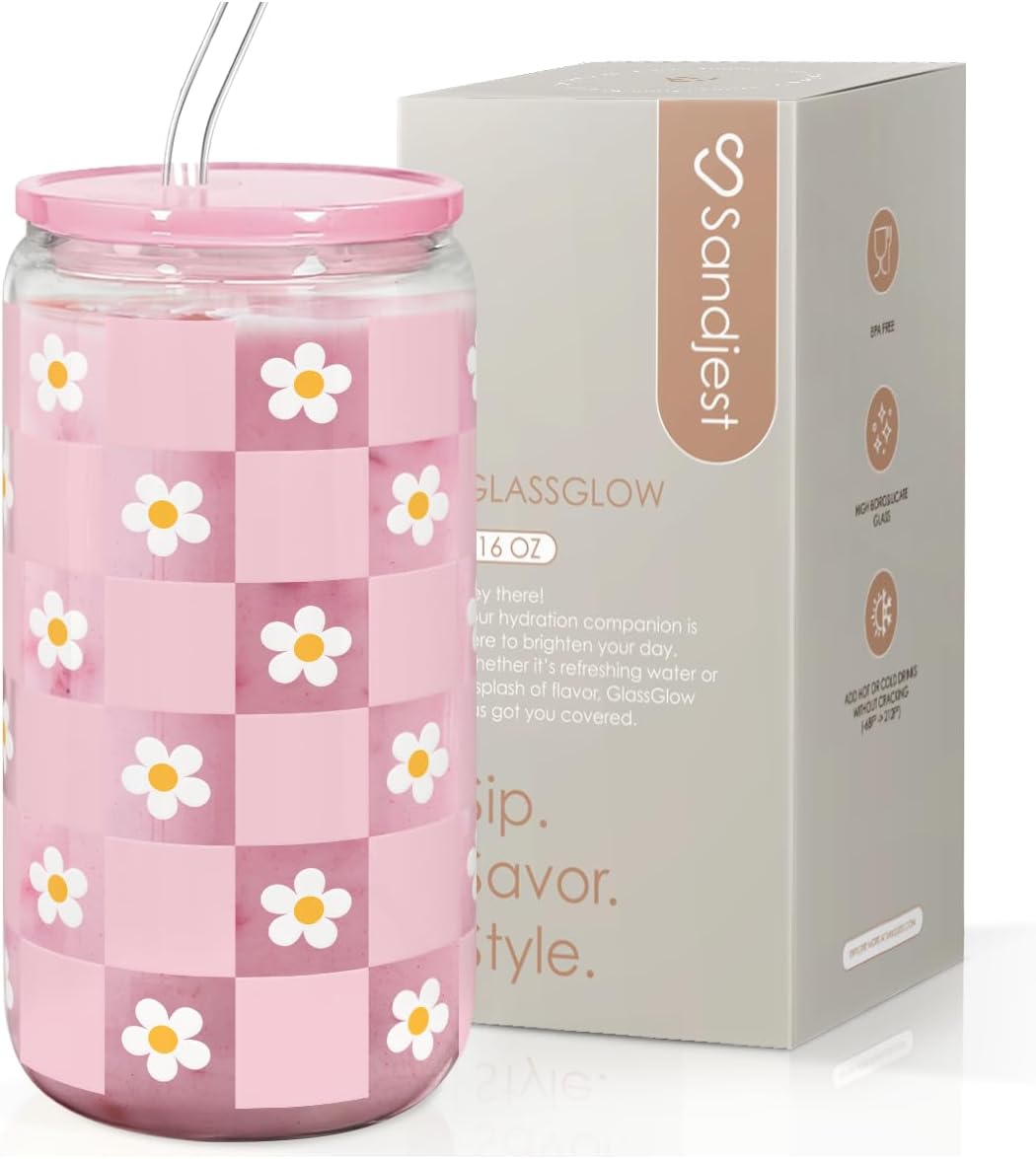 SANDJEST Checkerboard Daisies Glass Can, Floral Checker Cup with Lid &amp; Straw, Iced Coffee Aesthetic Cups, Gift for Christmas Birthday Mother Day, Gifts for Women, 16oz