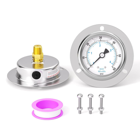 0-60PSI Panel Mount Front Flanged Glycerin Filled Pressure Gauge, 2.5" Dial Size, 1/4" MNPT Back Mount, Stainless Steel