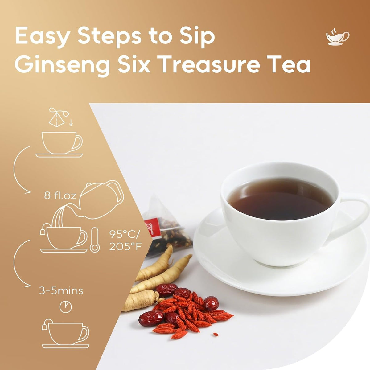FullChea - Ginseng Six Treasure Tea Bags, 30 Ct, Traditional Herbal Blend | Traditional herbal blend with ginseng, goji berry. Supports daily wellness and gentle digestion. Caffeine-free, Non-GMO ﻿