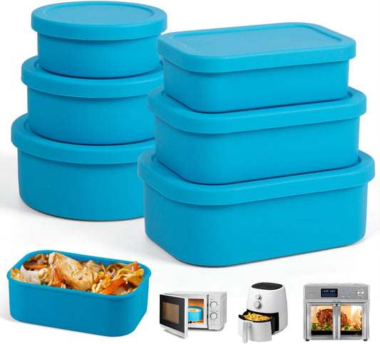 Nesting 100% Silicone Food Storage Containers with Lid & Measuring Line, 6 Pack, Leakproof Stackable Hard-Shell Silicone