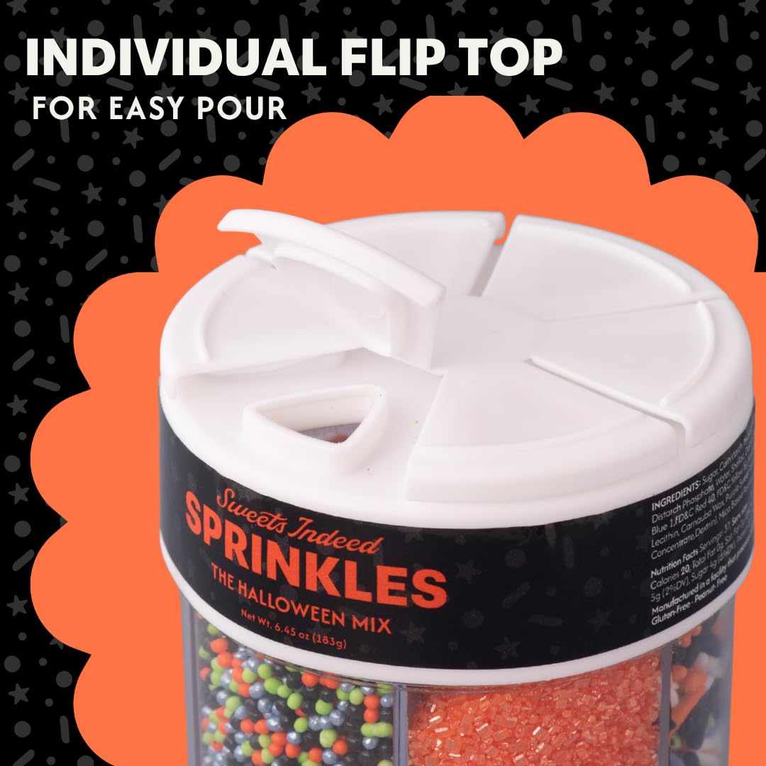 Sweets Indeed Halloween 6-Cell Sprinkle Jar – 6 Variety Sprinkle Compartments | Edible Cake Decorations for Cupcakes, Cookies, Cakes &amp; Desserts | 6.45 oz