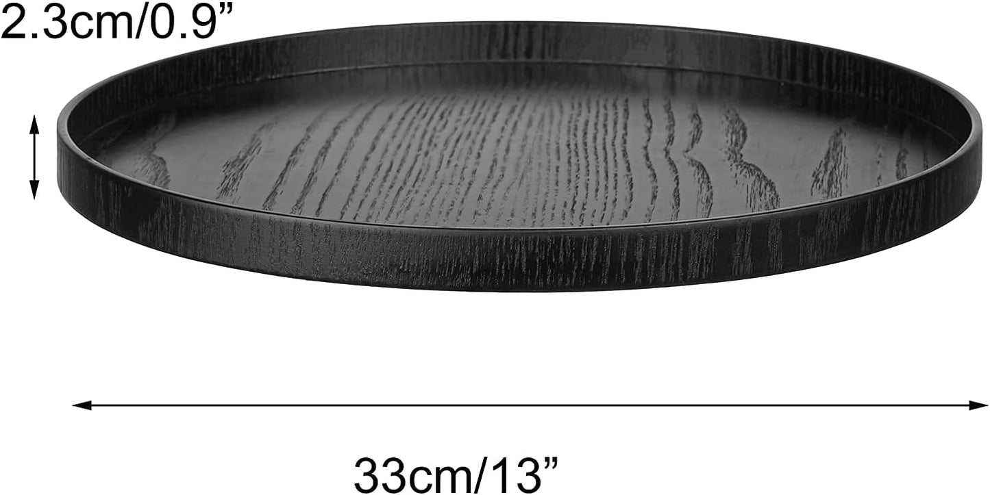 Round Solid Wood Serving Tray Extra Large Tea Coffee Snack Food Meals Serving Plate Non-Slip Kitchen Party Bar Server Ottoman Tray Breakfast Tray with Raised Edges (13inch/33cm) Black